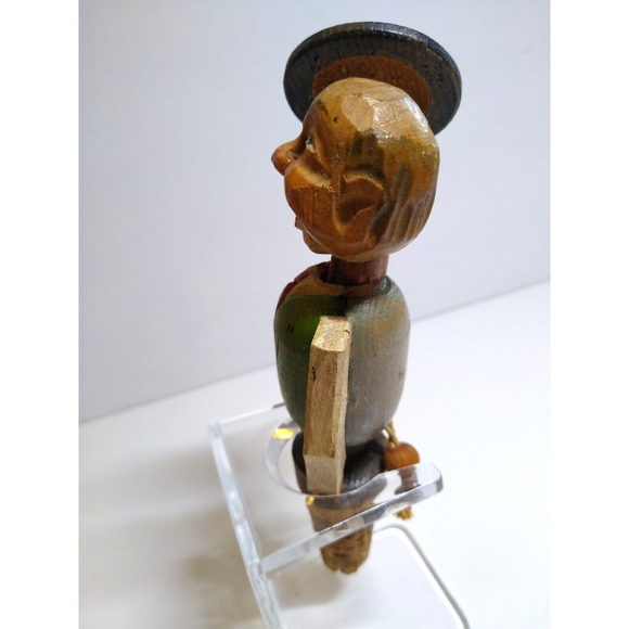 ANRI Mechanical Hat Tipping Bottle Stopper Wood Carved Puppet Barware Cork Green - Picture 3 of 6